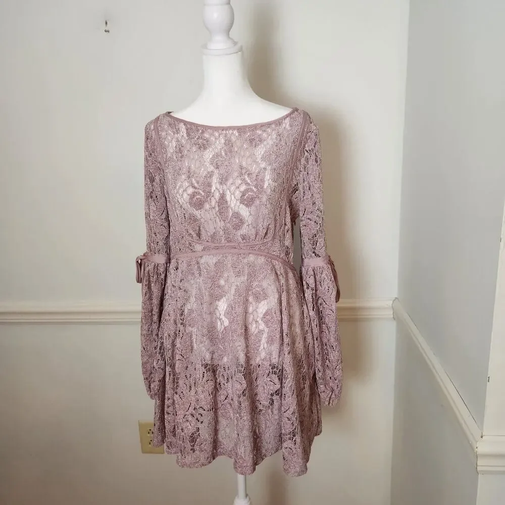 Free People Dress XS Womens Mini Crochet Lace Sheer Mauve Purple Boho Coquette